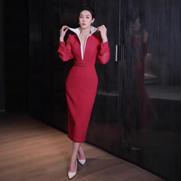 欧货2025春秋新款时尚双排拉链领修身连衣裙女减龄长款显瘦包臀裙