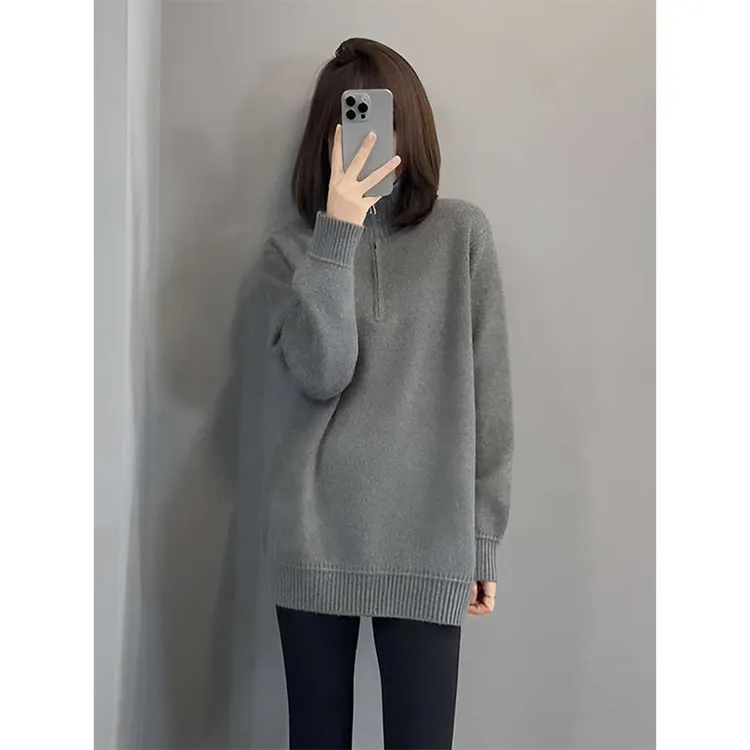 韩系慵懒风中长款半拉链毛衣女款2024新款冬季宽松设计感百搭上衣