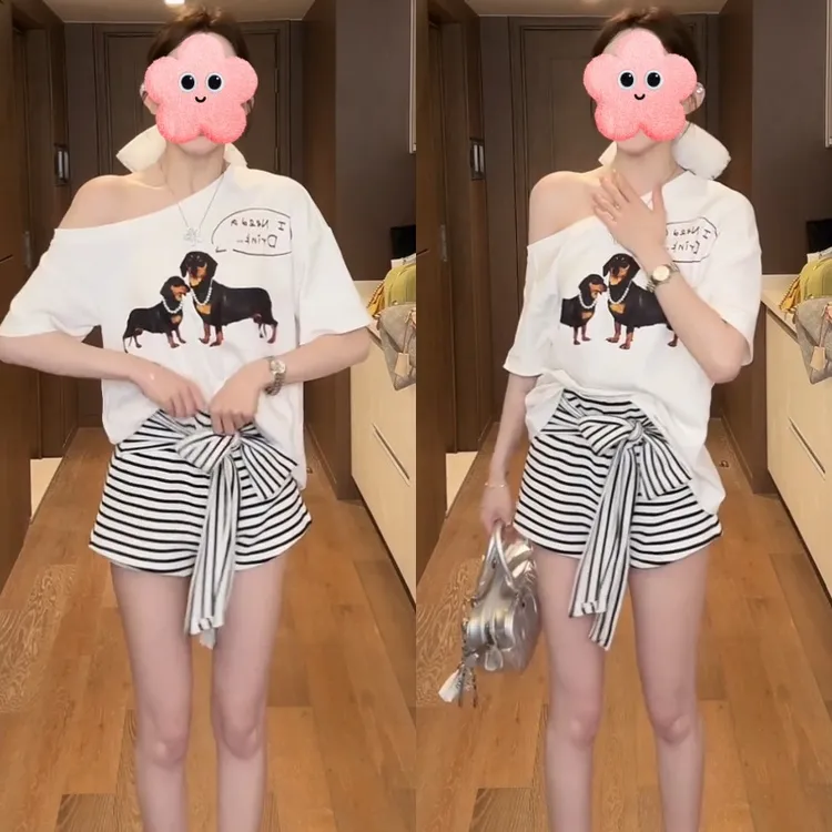 【狗狗派对】慵懒风休闲上衣斜肩T恤+条百搭显瘦纹短裤LK2505068