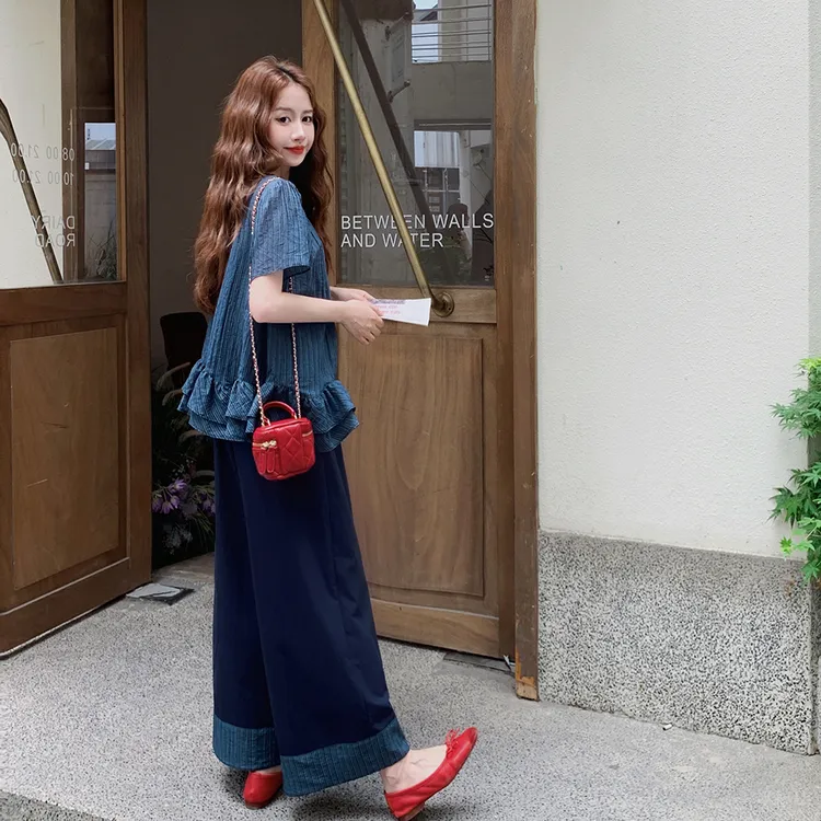 韩系减龄条纹上衣套装女2025夏季新款松弛感撞色休闲阔腿裤两件套