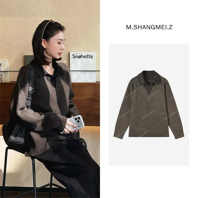 M.SHANGMEI.Z/沐熙【女绅士】美大哥拼接衬衣领假两件毛衣X11M2193