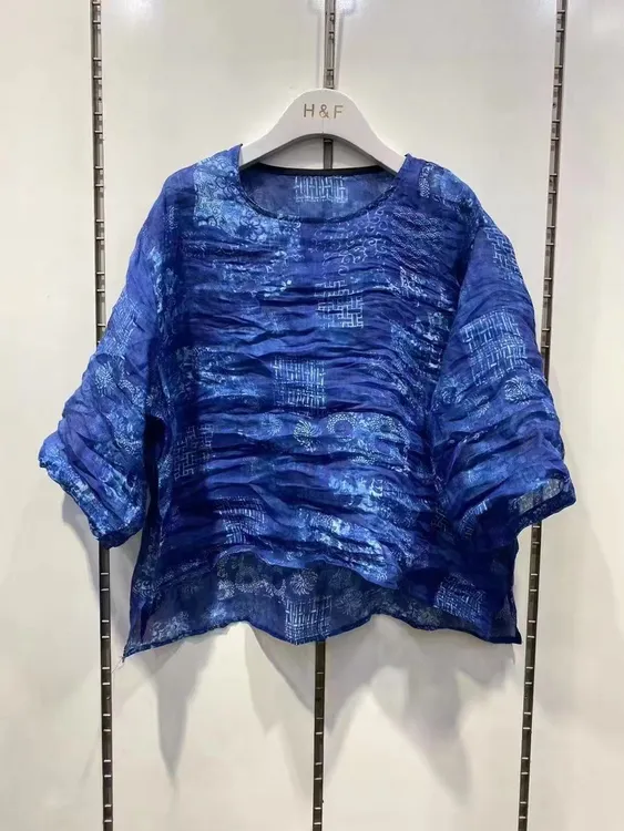 夏季复古国风印花纯苎麻小衫