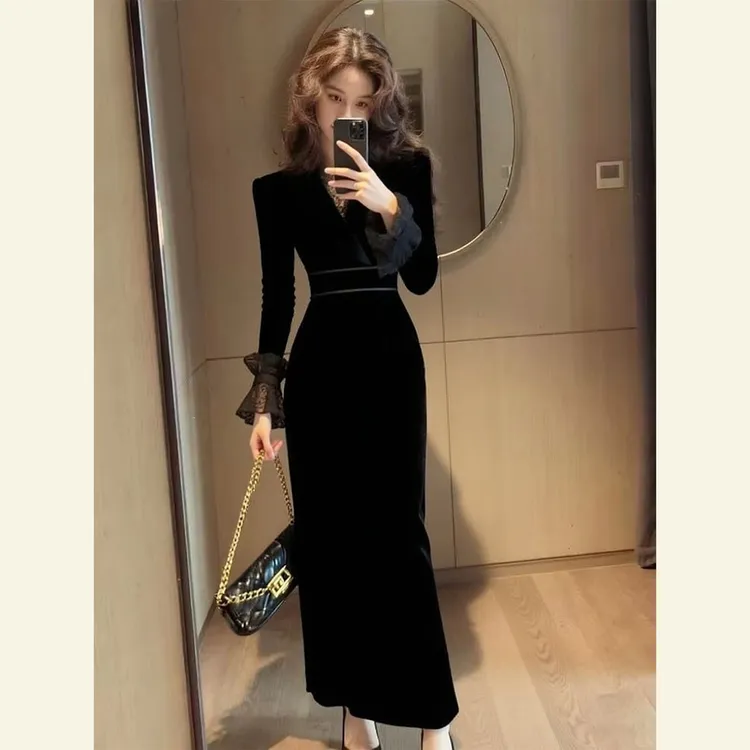 秋冬气质穿搭高端精致高级感超好看上流社会小香风黑色丝绒连衣裙