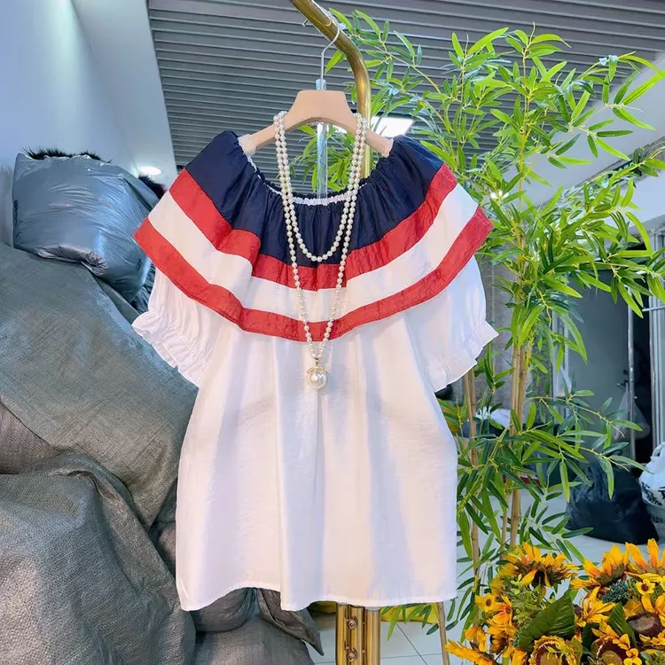 欧货减龄学院风大码衬衫遮肉显瘦荷叶边松紧短袖洋气时尚810