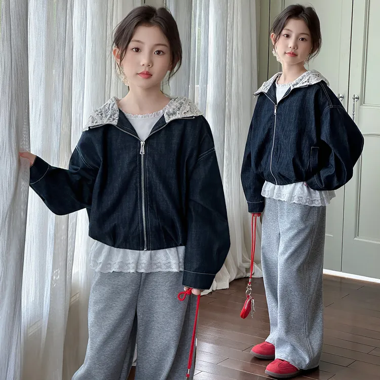 女童春秋款外套2025新款儿童洋气女孩休闲蕾丝拼接牛仔夹克上衣潮