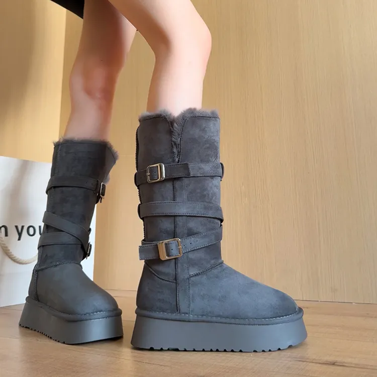灰色长筒雪地靴女2025冬季新款厚底增高加绒加厚高筒保暖棉鞋子