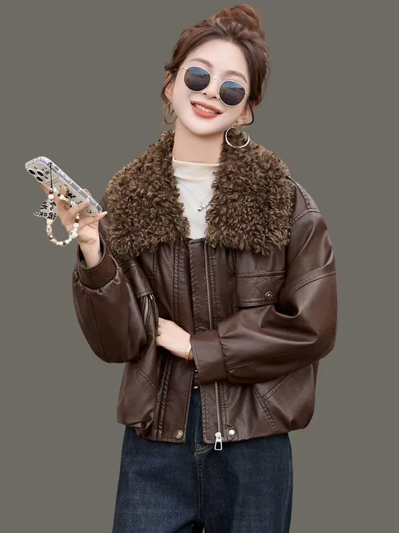2025冬季可拆卸毛领复古翻领皮衣加绒加厚百搭保暖皮夹克外套8211
