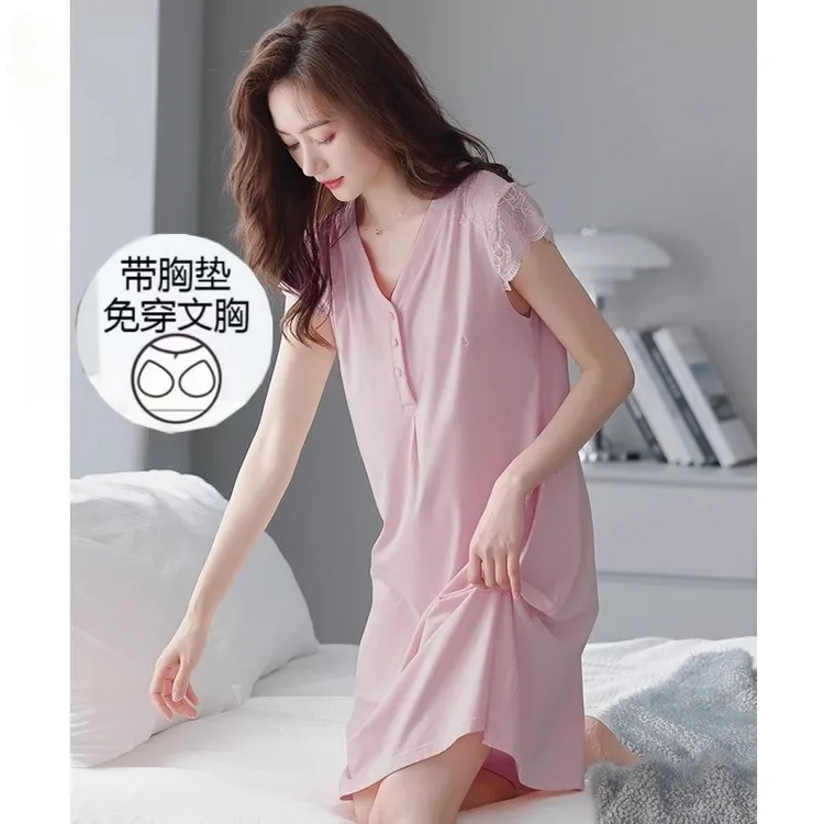 带胸垫睡衣女2025新款夏季睡裙女士薄款短袖莫代尔家居服连衣裙
