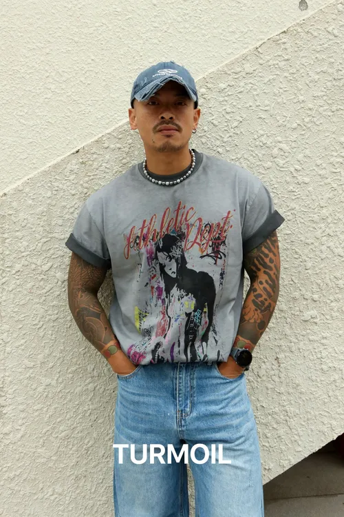 TURMOIL印花水洗高端局纯棉潮流落肩袖重磅男士短袖