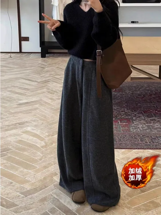 2025年秋冬大码胖mm新款毛呢裤韩版宽松休闲裤女梨形身材阔腿裤