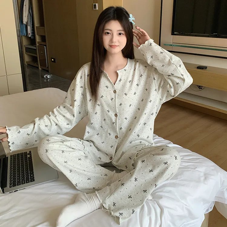 春秋季长袖长裤纯棉睡衣女款开衫套装休闲宽松新款2025全棉家居服