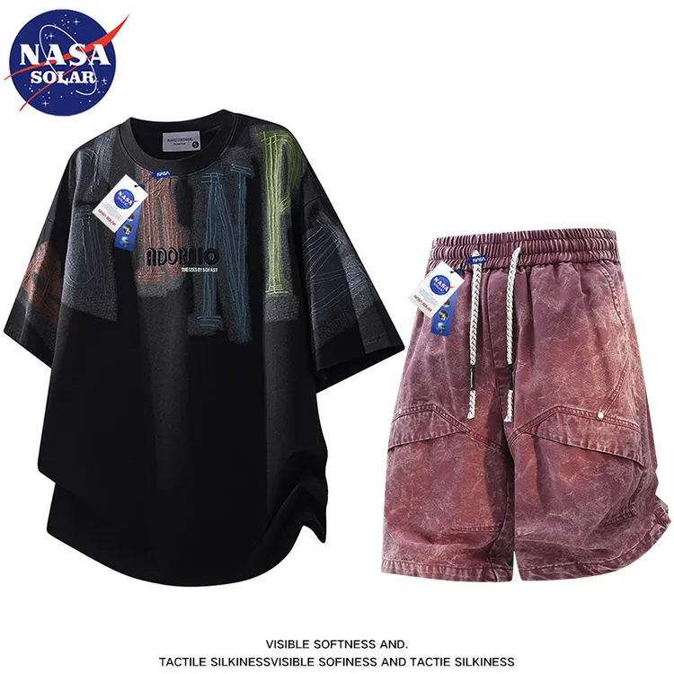 NASA SOLAR男士大码冰丝透气短袖套装夏季新款痞帅高街T恤两件套