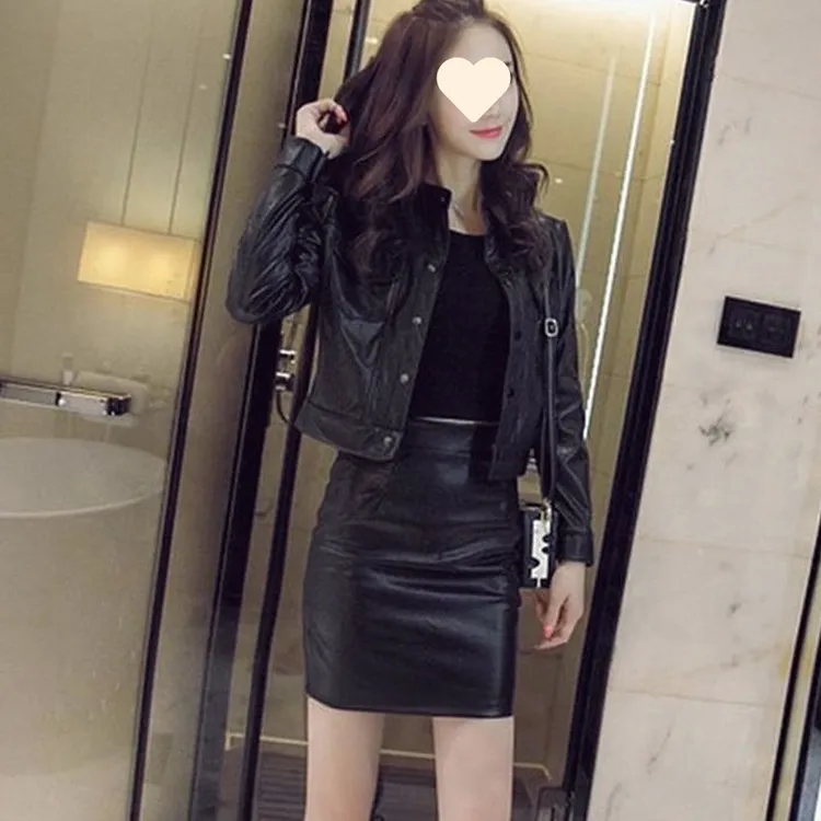 秋冬季新款时尚两件套装名媛轻熟风PU皮衣短外套包臀裙修身夹克春