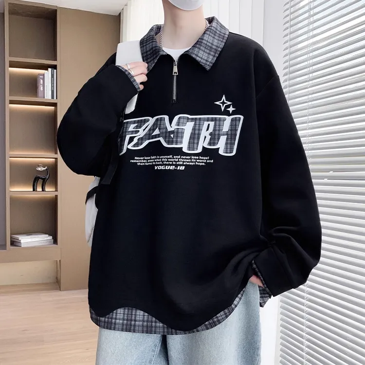 半开襟撞色卫衣男春秋季美式宽松加绒上衣帅气休闲青少年加厚外套