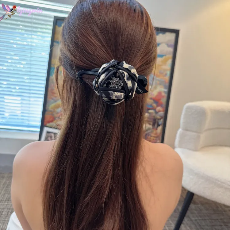 韩系复古豹纹花朵水钻大号鸭嘴夹后脑勺盘发半扎发夹一字气质发饰