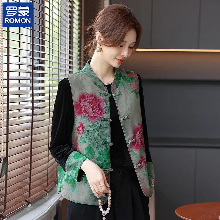 罗蒙洋气妈妈秋装国风套装新款中老年女中式马甲阔太太上衣两件套