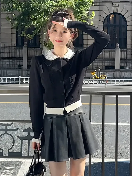 小香风撞色拼接长袖针织开衫女2025早秋季新款漂亮减龄娃娃衫上衣