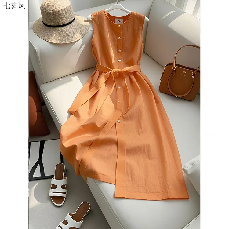 高端冷淡风无袖连衣裙夏季新款独特橘色质地