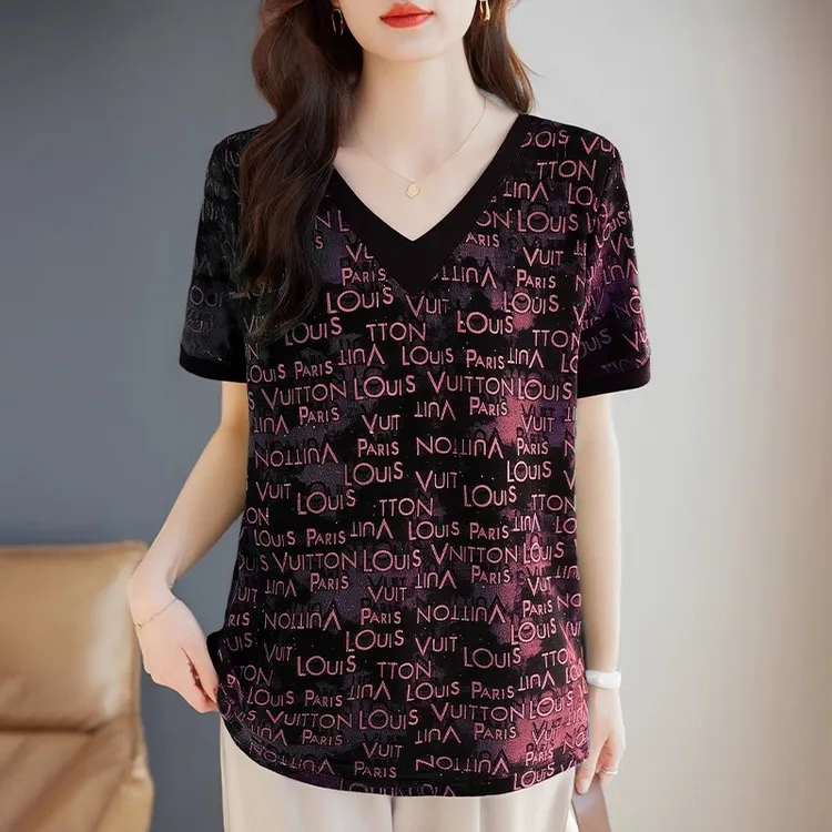字母印花短袖女t恤洋气2025年夏季胖mm大码女装妈妈V领中长款上衣