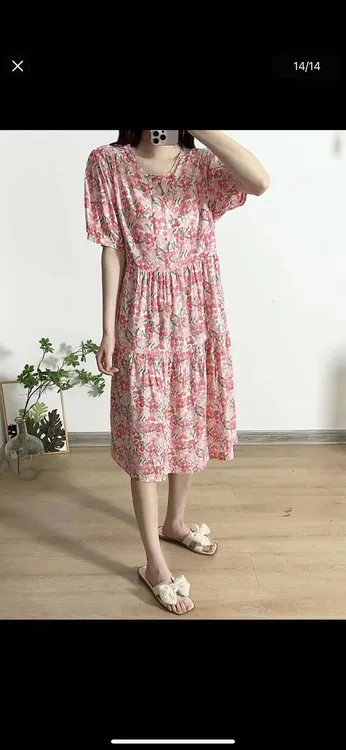 甜美少女风中腰泡泡袖女装夏季方领大摆裙休闲连衣裙人造棉大码