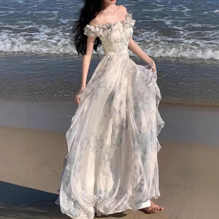 海边度假风吊带裙纱法式荷叶边沙滩连衣裙氛围感长裙飘逸仙女范潮