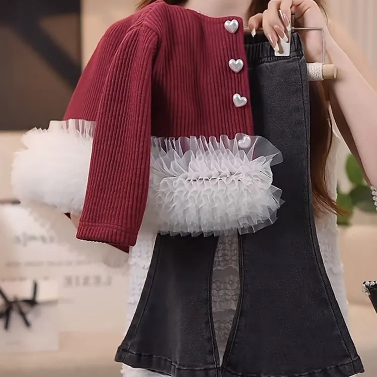 女童秋季套装2025新款儿童小香风开衫上衣洋气牛仔喇叭裤两件套