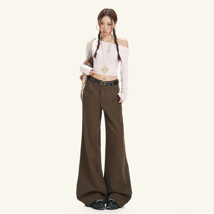 MNGRL 复古美拉德棕色阔腿牛仔裤女宽松垂感直筒裤辣妹休闲拖地裤