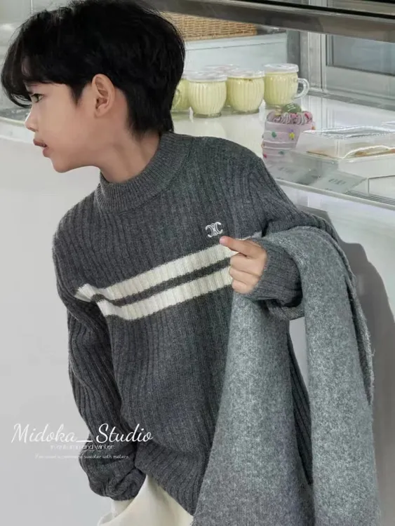 【加绒加厚百分百不起球】百搭童装圆领加绒打底毛衣针织衫拼色秋冬