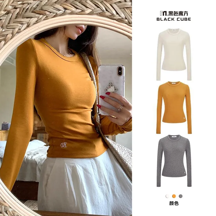 美式辣妹正肩长袖t恤女秋季内搭修身显瘦打底衫设计感上衣6090