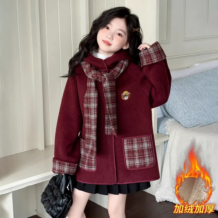 女童一体绒毛呢大衣2025冬季新款儿童红色连帽拜年服大童冬装外套