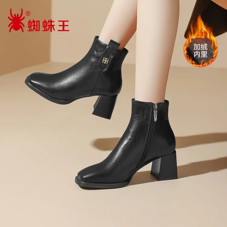 蜘蛛王女鞋2025新款粗跟方头短靴秋冬时尚中跟休闲百搭黑色91D077
