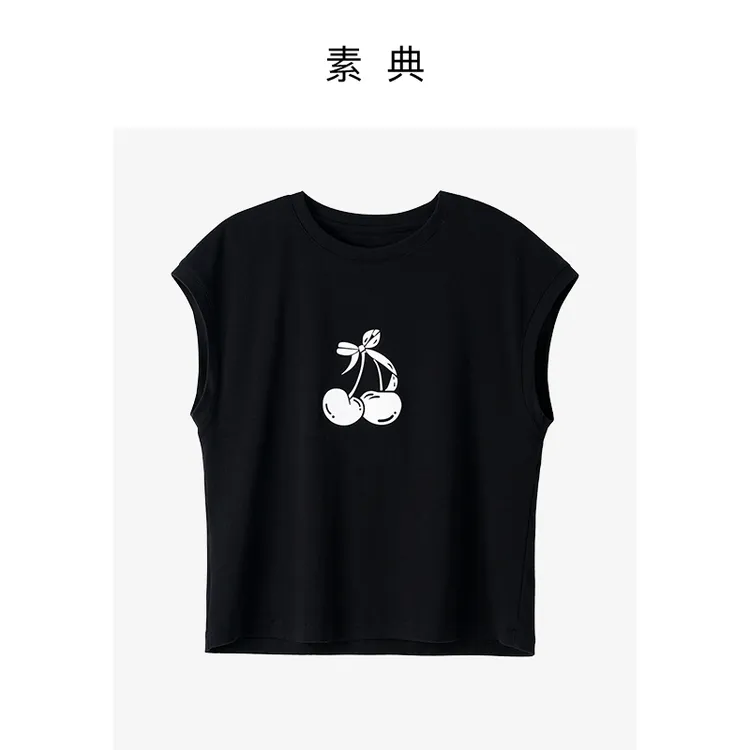 素典【樱桃汽水】棉感短袖休闲夏季实穿印花飞袖T恤4390