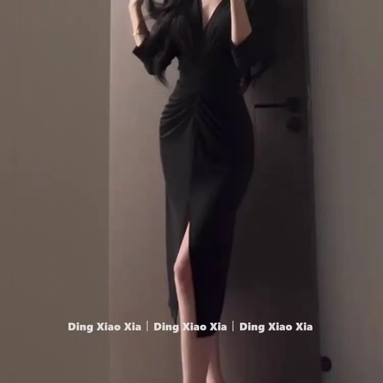 小锦倪子专属 御姐风掐腰性感v领连衣裙女气质中长款开叉包臀裙子