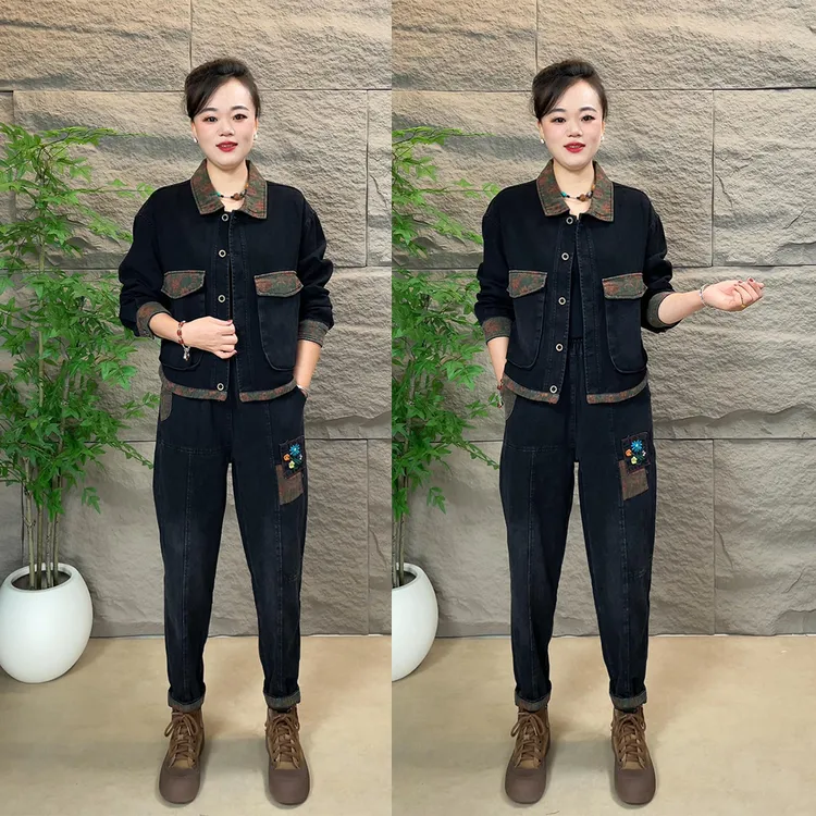 复古时尚刺绣牛仔套装女2025春季新款大码洋气翻领外套减齢两件套