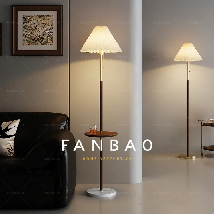 实木镀铜立式中古风地台灯轻奢美式拉链书房遥控创意复古百褶客厅