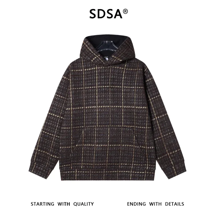 SDSA男士秋冬新款痞帅男装美式复古格纹连帽卫衣百搭宽松套头上衣