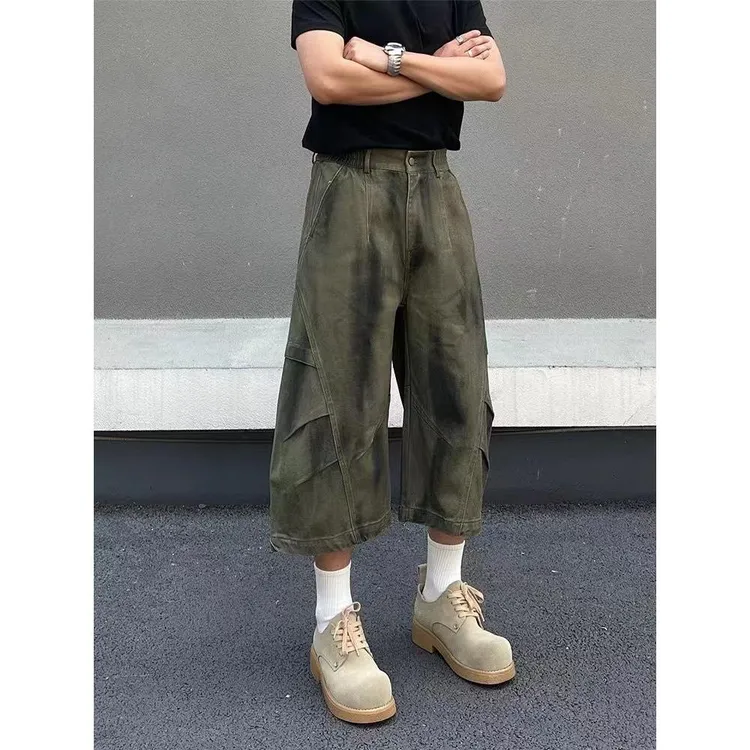 手绘脏脏弯刀工装裤水洗牛仔宽松七分阔腿cleanfit情侣潮2025年潮