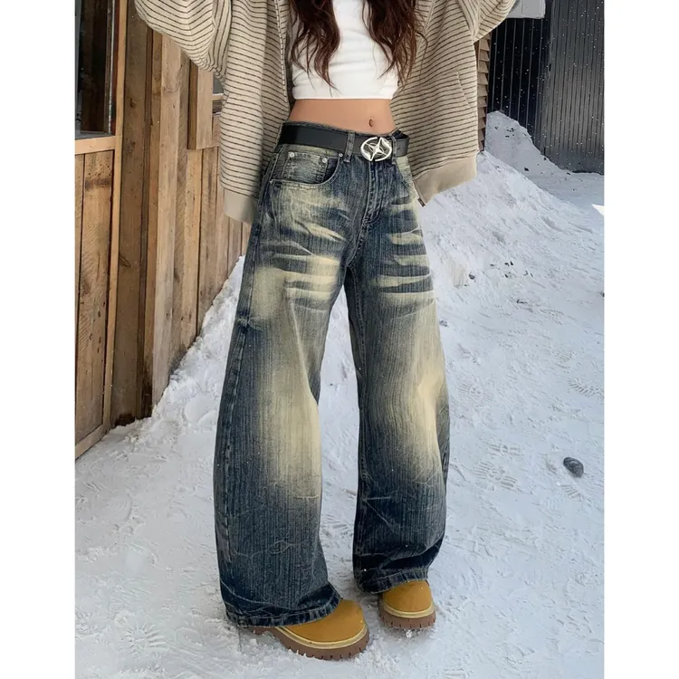 美式复古水洗简约做旧牛仔裤女2025冬季新款宽松直筒阔腿拖地长裤