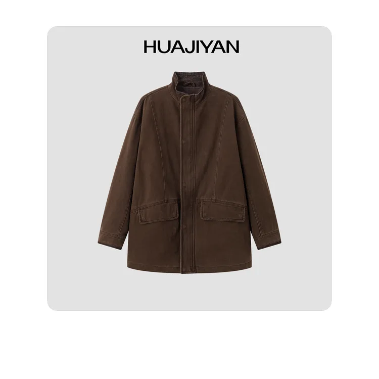 华吉言/HUAJIYAN【塞尔街区】复古感经典大廓型中长款立领外套