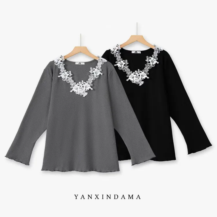 【岩心】大码女装300斤胖MM时尚温柔风气质蕾丝设计感拼接T恤10284