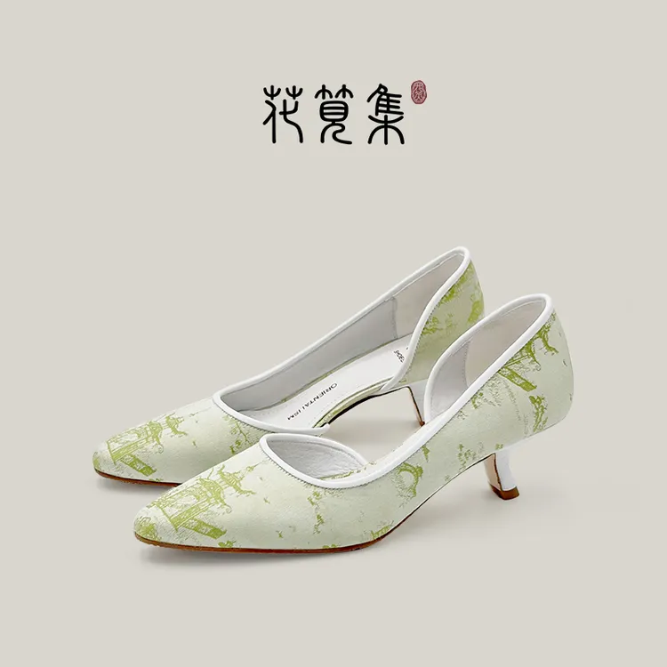 夏季气质尖圆头浅口透气女鞋新中式旗袍高跟鞋夏季透气女鞋一脚蹬