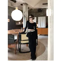 纯欲辣妹套装黑色气质长袖T恤女秋季抽绳显瘦休闲裤两件套