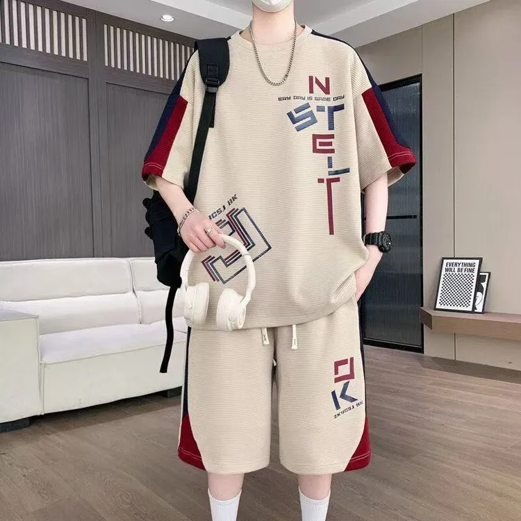 男士冰丝感夏季套装休闲时尚宽松潮流帅气青少年短袖短裤大码套装