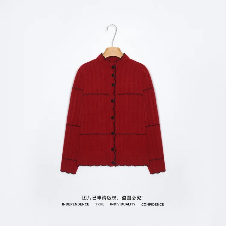 温温W【暖冬绯色】绵羊毛山羊绒设计感圆领针织开衫女冬款  0201