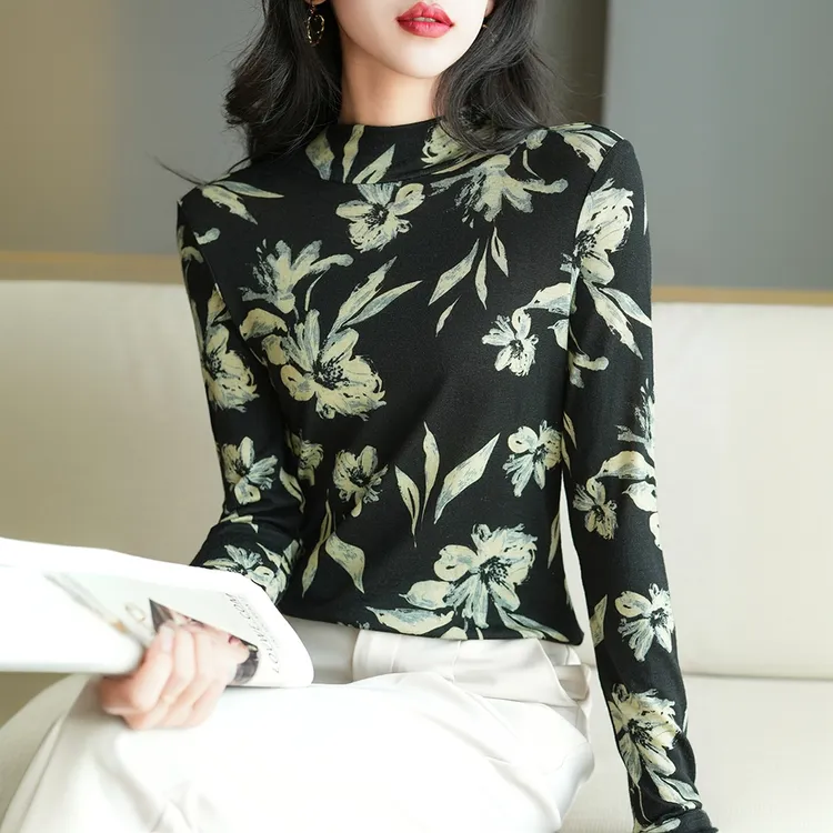 套头毛衣秋装新款休闲半高领纯羊毛针织衫女基础打底印花上衣气质