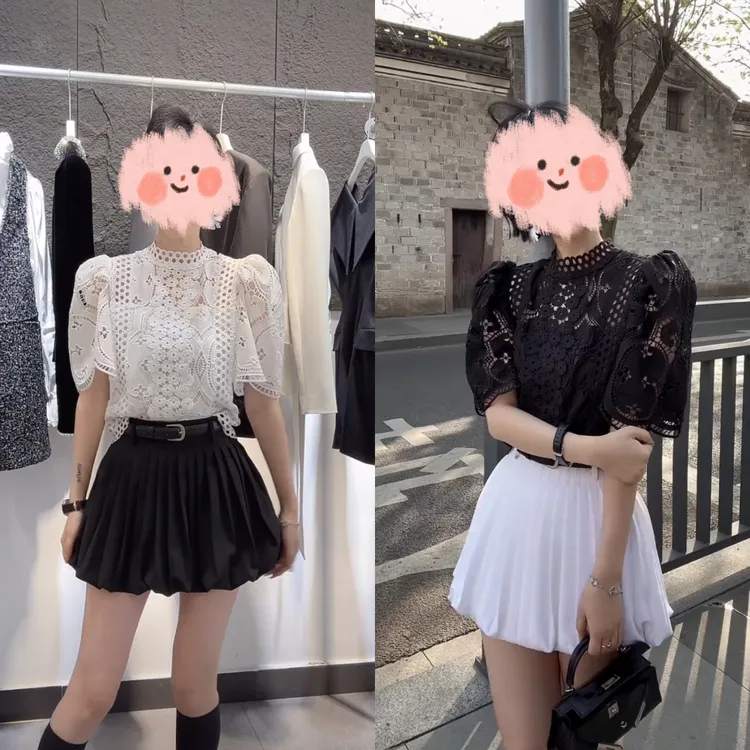 2025夏季新款时尚蕾丝镂空花朵泡泡袖上衣高腰百搭显瘦裙子两件套