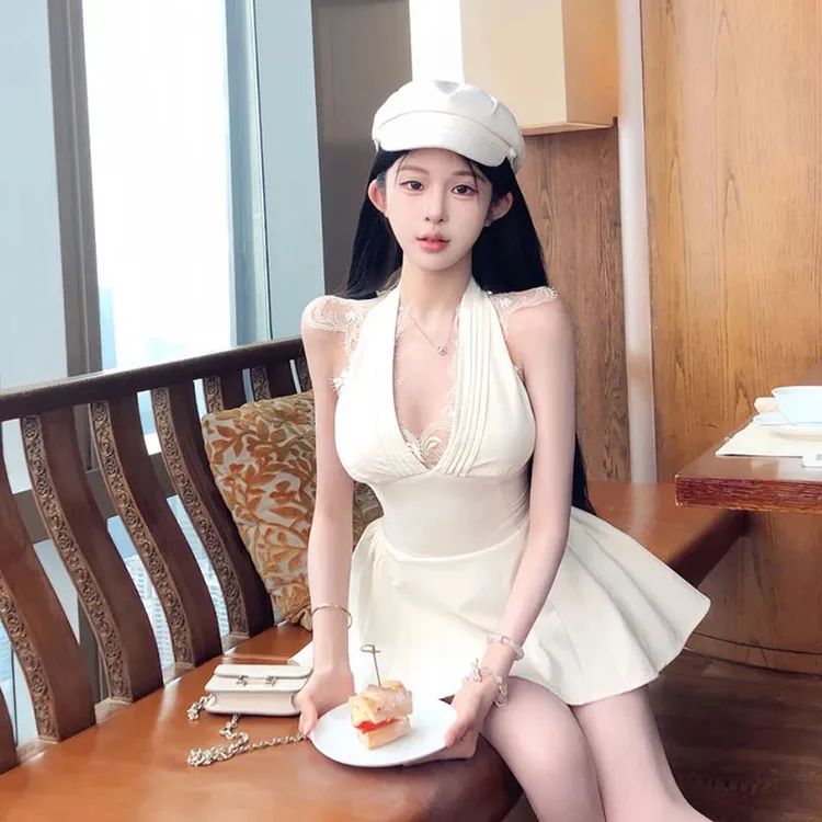 N13 SYXATN/纯欲蕾丝拼接挂脖连衣裙夏季性感辣妹收腰公主裙女
