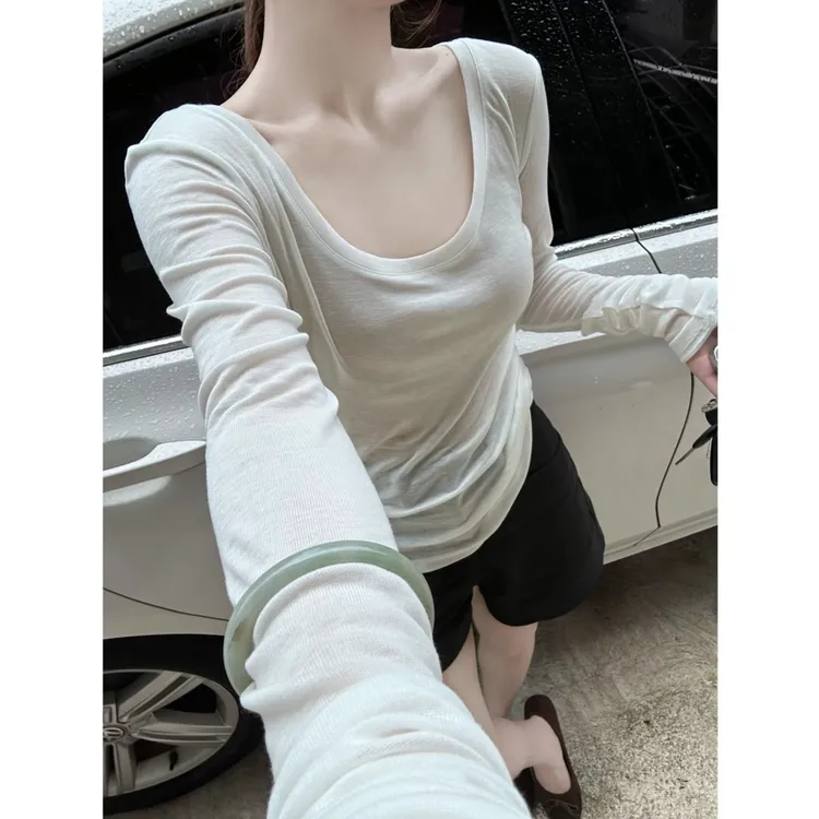 梦妁曼 2025新款冰丝面膜修身微透夏季防晒T恤女夏季长袖薄款上衣