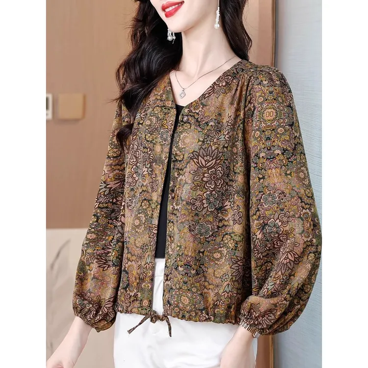 复古碎花长袖雪纺衬衫女士秋装新款宽松开衫外套洋气妈妈防晒上衣