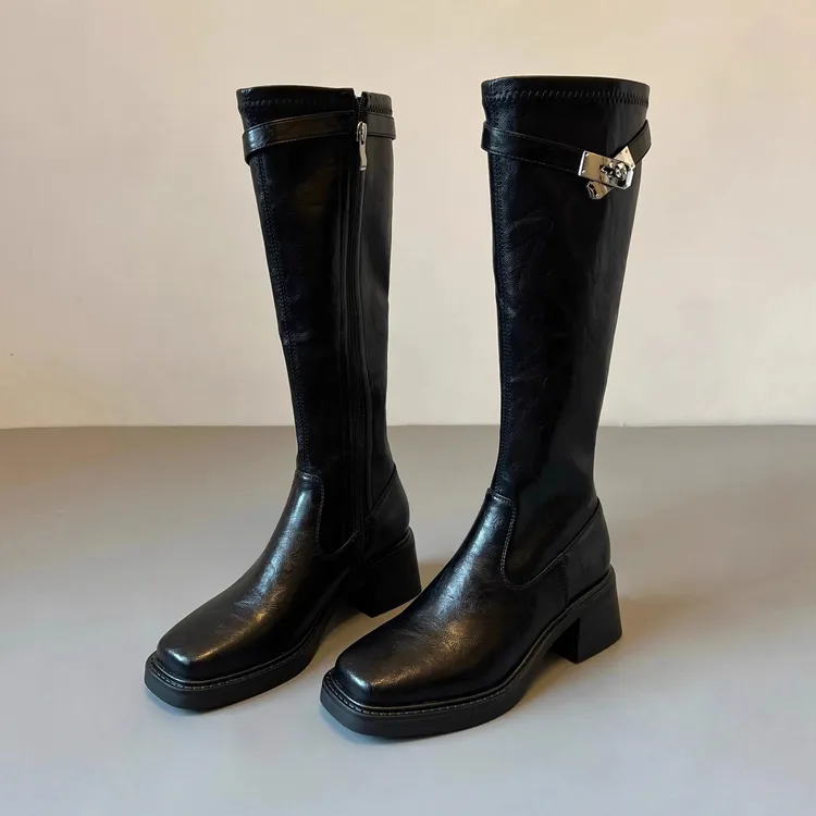 牛皮版~秋冬新款方头锁扣侧拉链高筒瘦瘦靴时尚粗跟不过膝长靴女